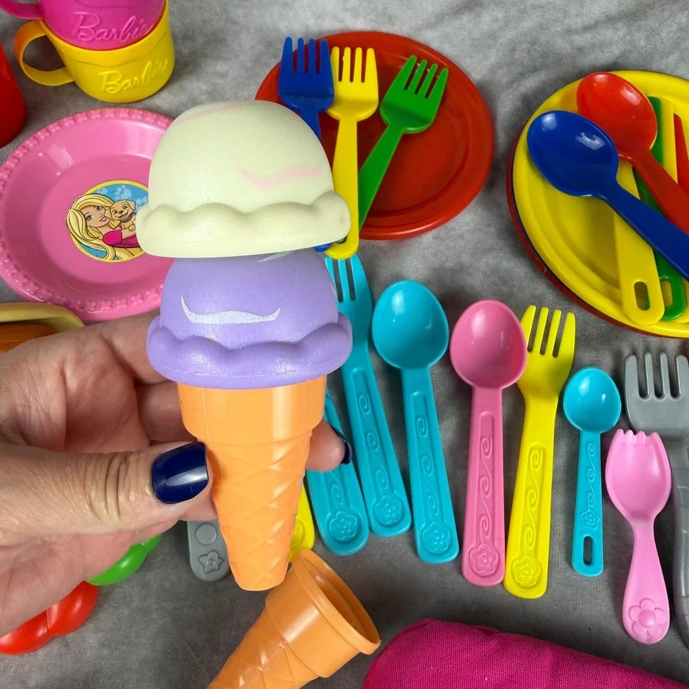 Play Food Kitchen Set Barbie Dishes Ice Cream Hot Dog Utensils Oven Mitt Mix Lot